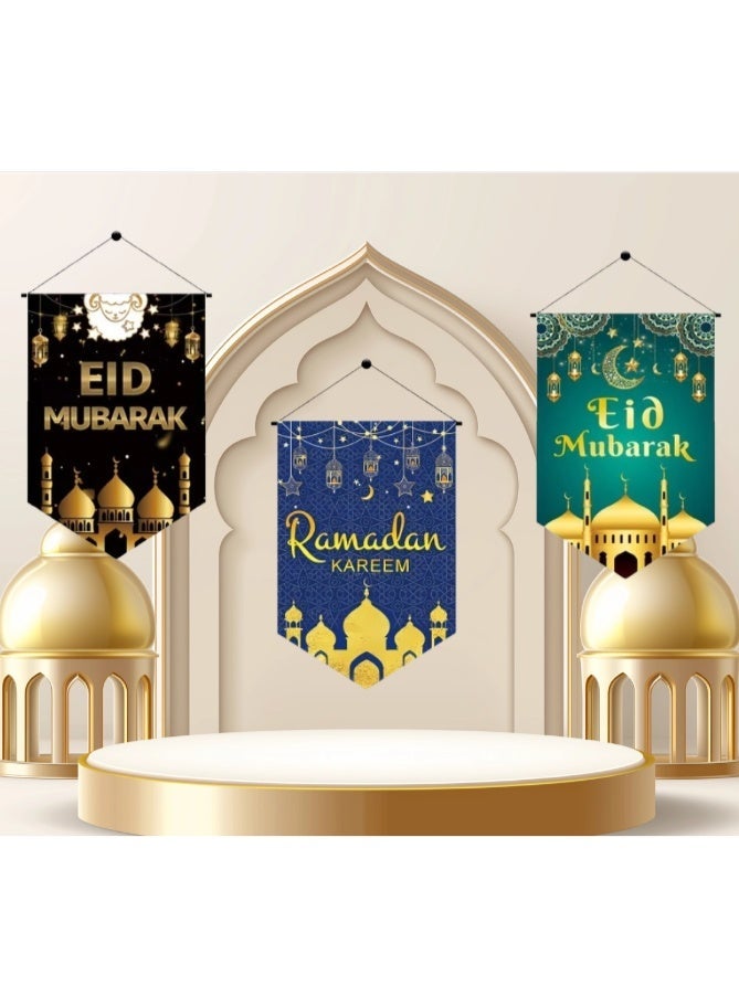 3PCS Ramadan Kareem & Eid Mubarak Hanging Banner Set – Islamic Door Wall Decoration Flags with Moon, Star & Mosque Design - Image 1